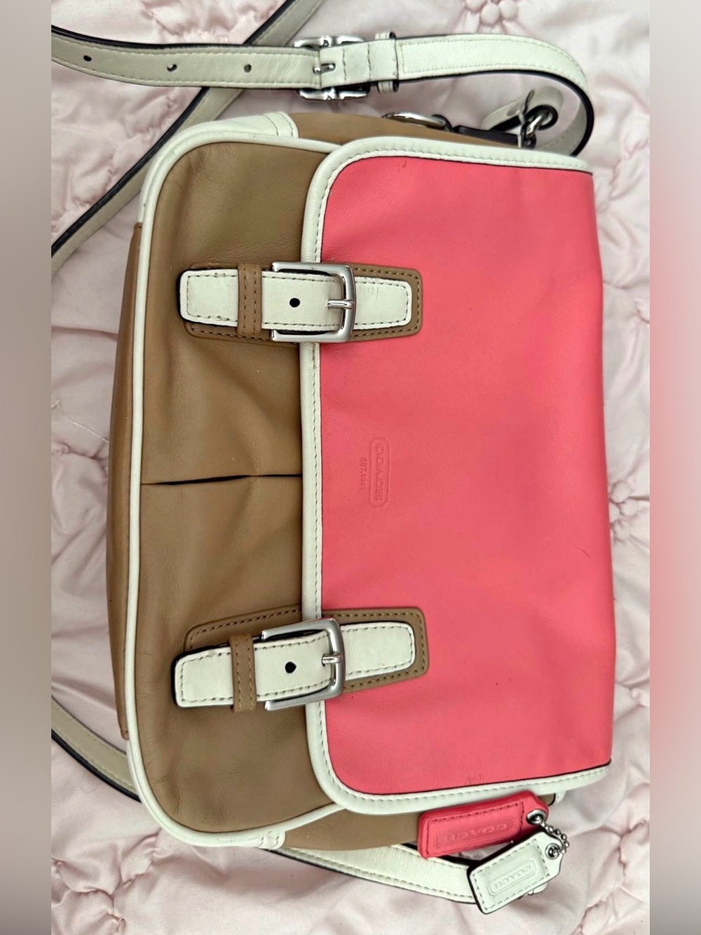 Coach Pink, Tan & White Leather Crossbody Bag